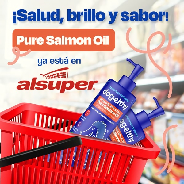This ad creative features Dogelthy Salmon Oil bottles inside a physical shopping basket, positioning the product as an accessible retail item.